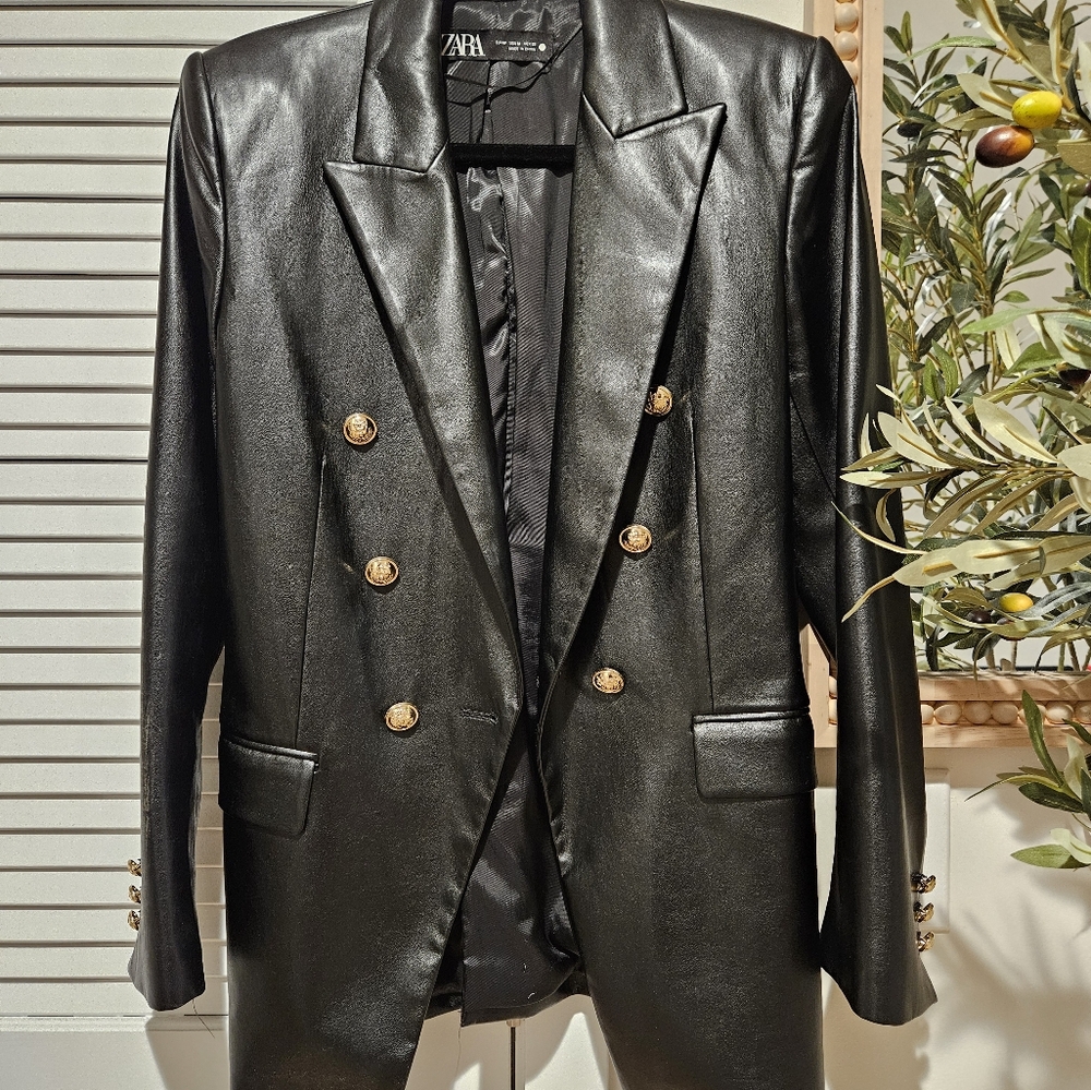 Zara Faux Leather Blazer with Gold Buttons